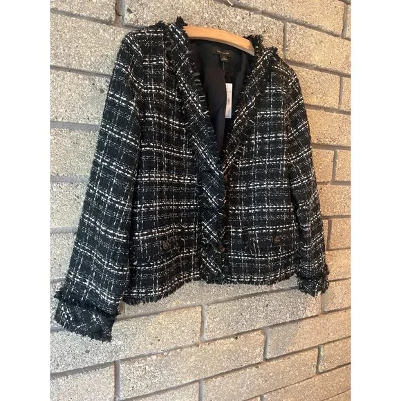 Ann Taylor Womens Black & White Tweed Fringed Button-Front Blazer Size 8 NWT - Picture 2 of 9